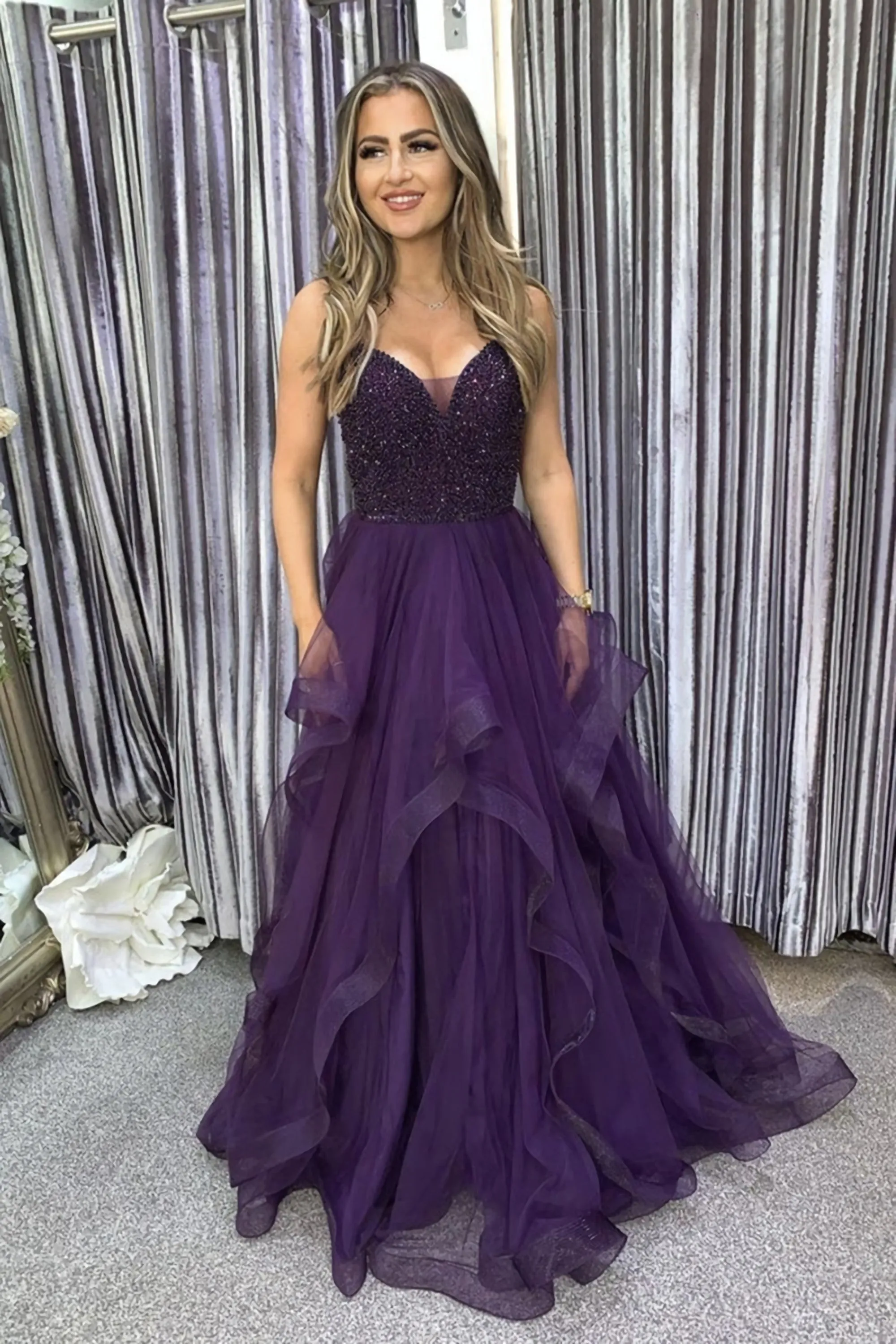 V Neck Purple Beaded Long Evening Dress, Fluffy Purple Formal Dress With Beadings