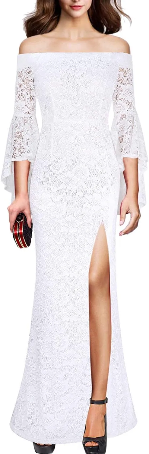 VFSHOW Womens Off Shoulder Bell Sleeve Formal Evening Wedding Party Maxi Dress