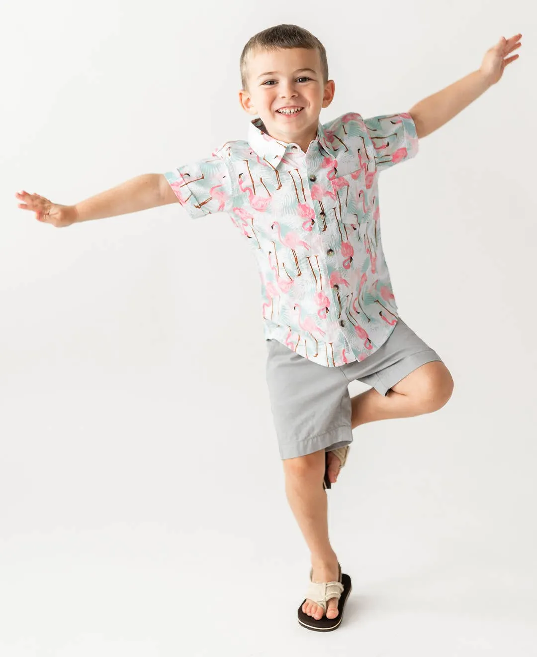 Vibrant Flamingo Short Sleeve Button Down Shirt