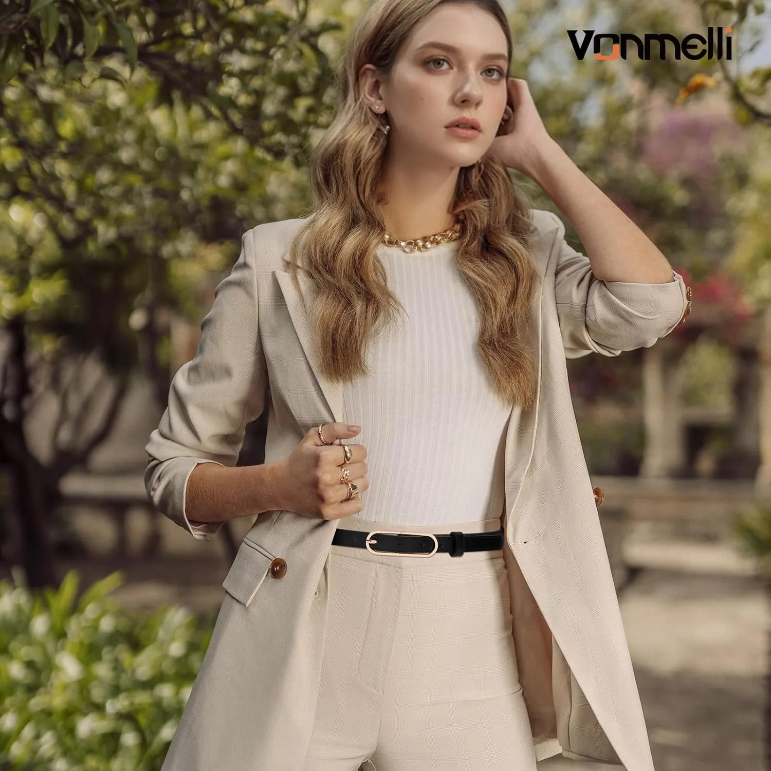 VONMELLI Women Skinny Leather Belt Thin Waist Belt with Metal Oval Buckle for Pants Jeans Dresses