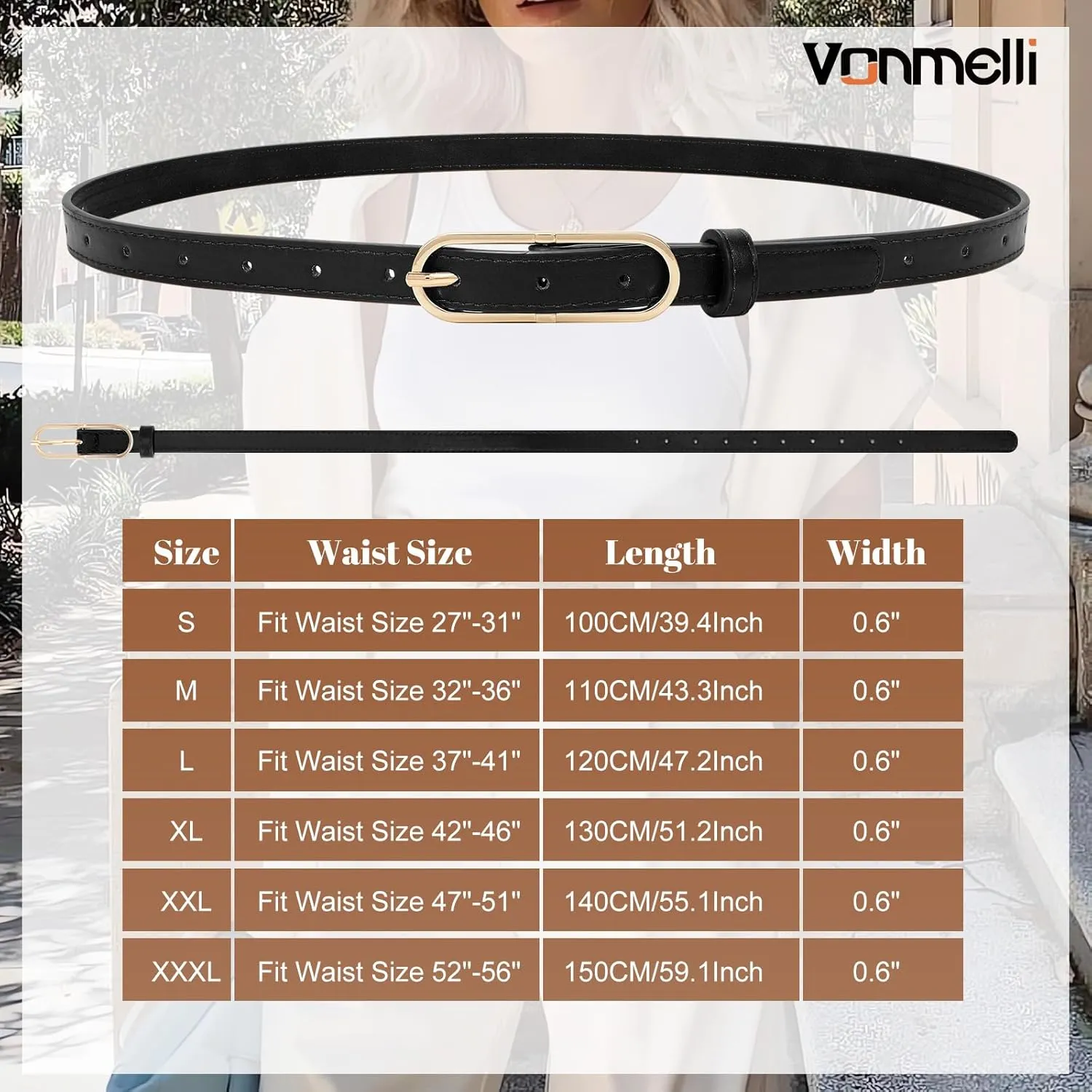 VONMELLI Women Skinny Leather Belt Thin Waist Belt with Metal Oval Buckle for Pants Jeans Dresses