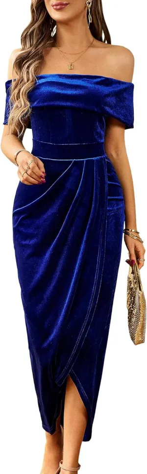 Wellwits Women's Foldover Off Shoulder Velvet Long Evening Pencil Dress