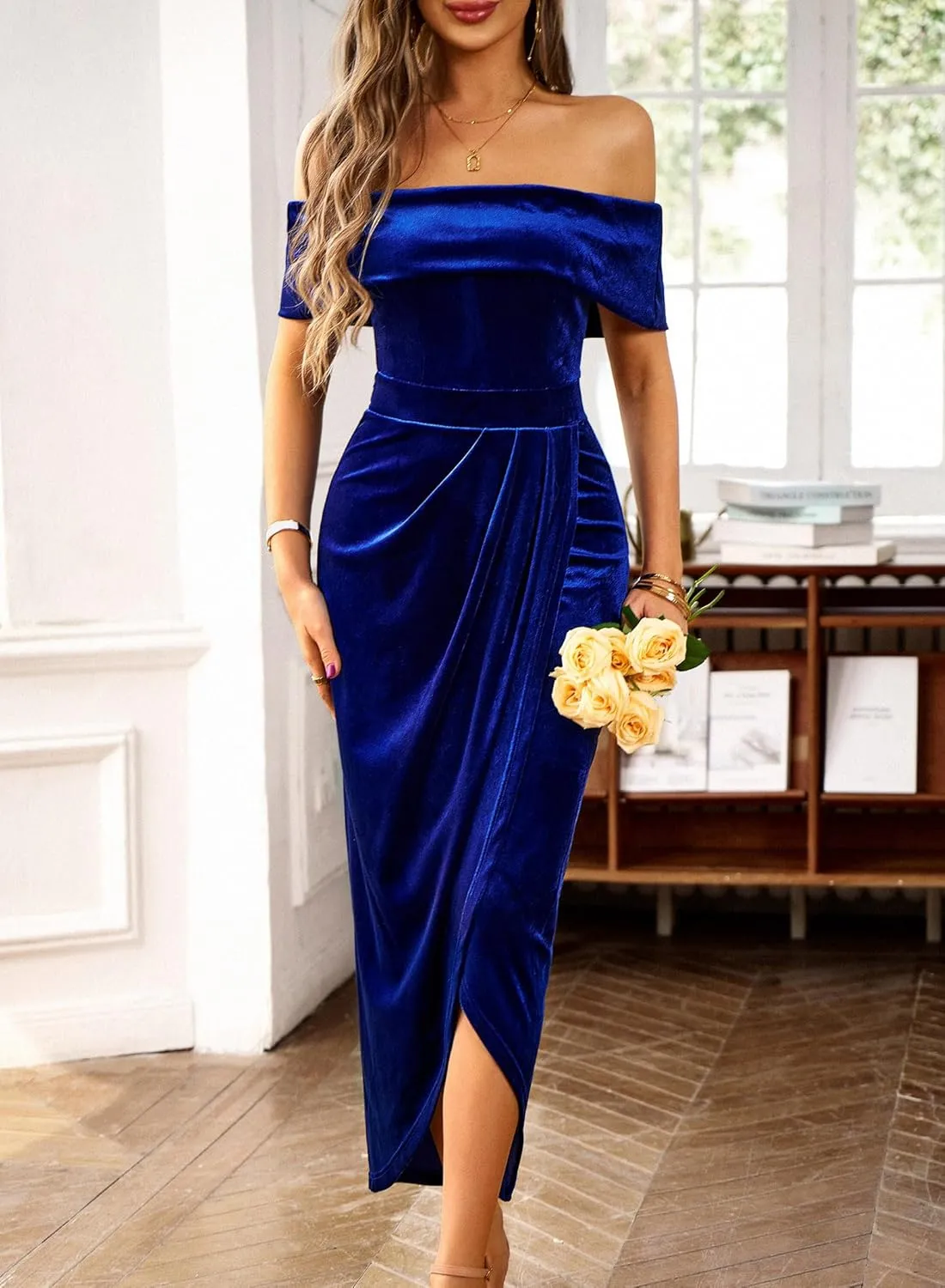 Wellwits Women's Foldover Off Shoulder Velvet Long Evening Pencil Dress