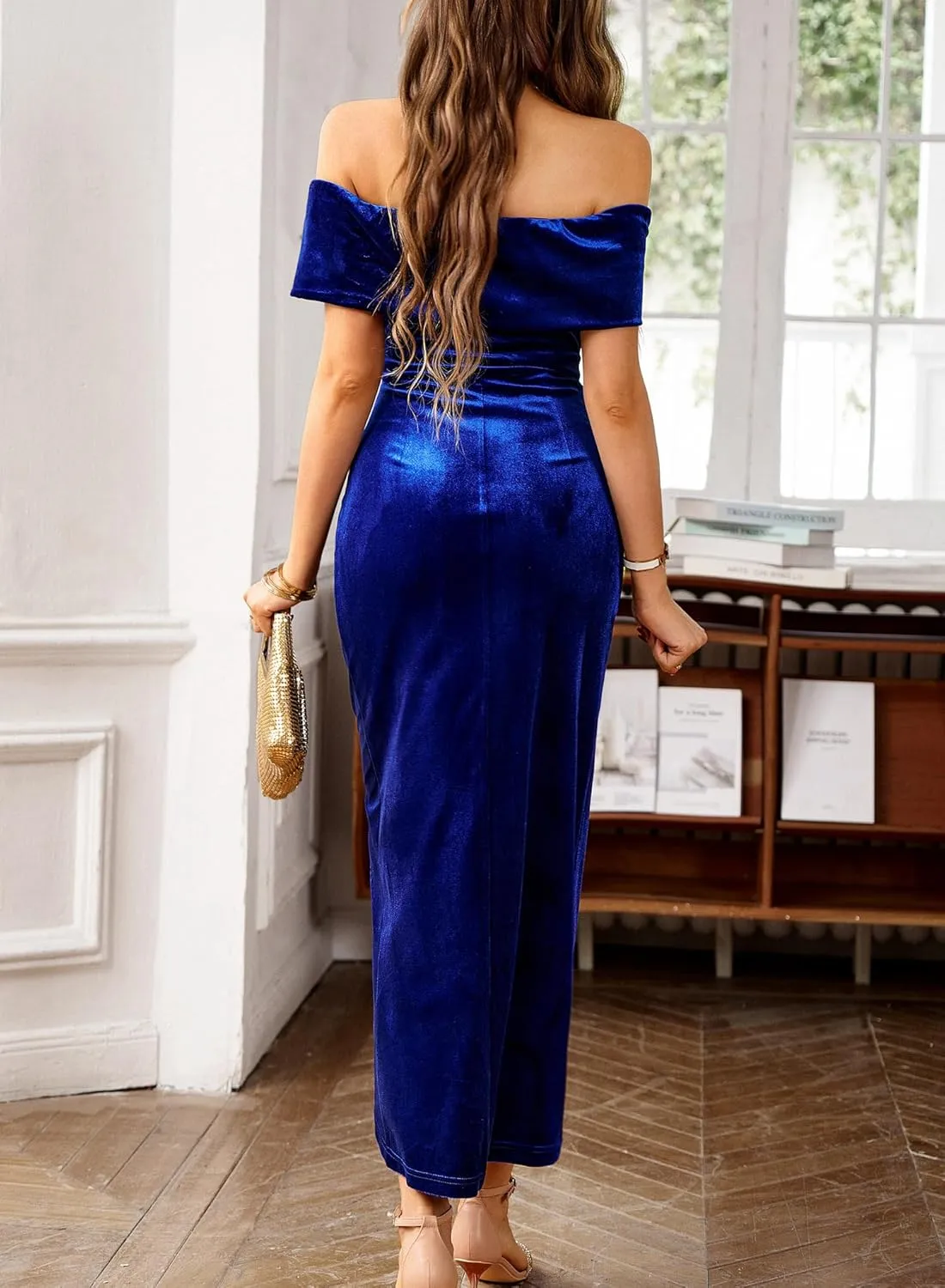 Wellwits Women's Foldover Off Shoulder Velvet Long Evening Pencil Dress