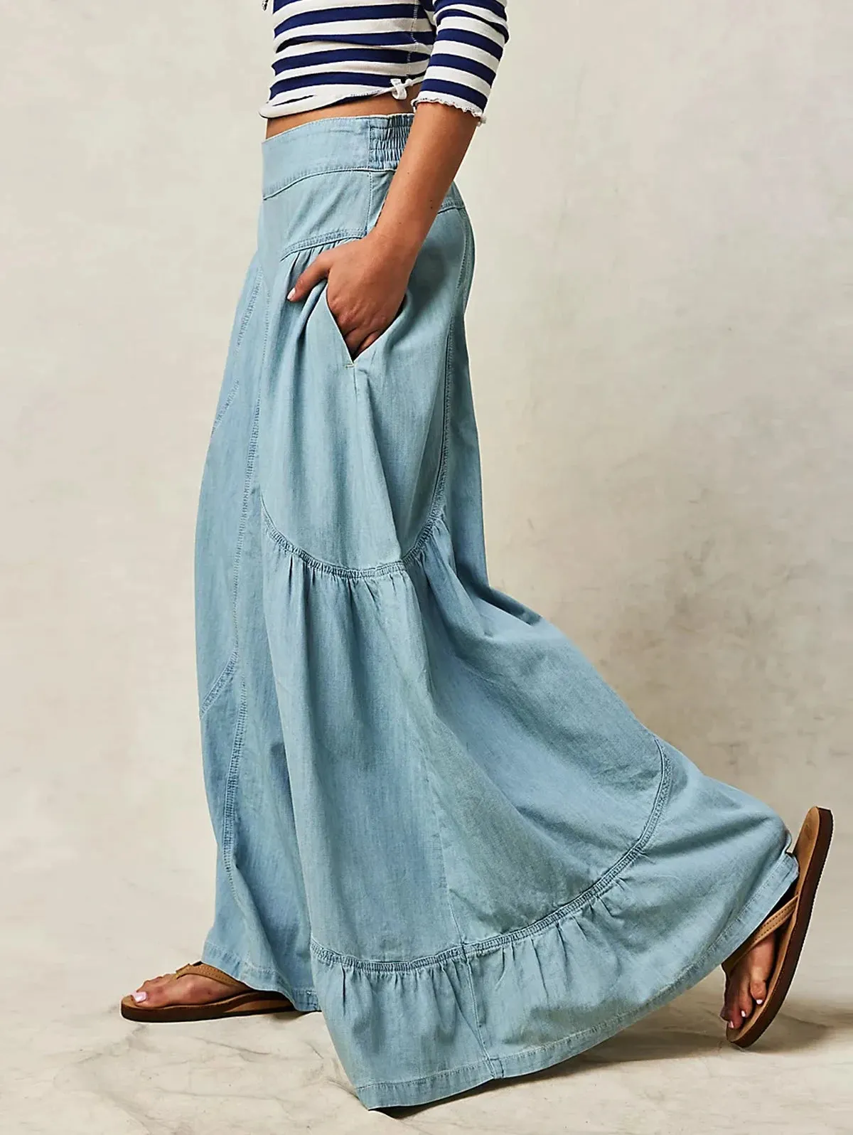 Wide Leg Patchwork Stretch Denim Pants