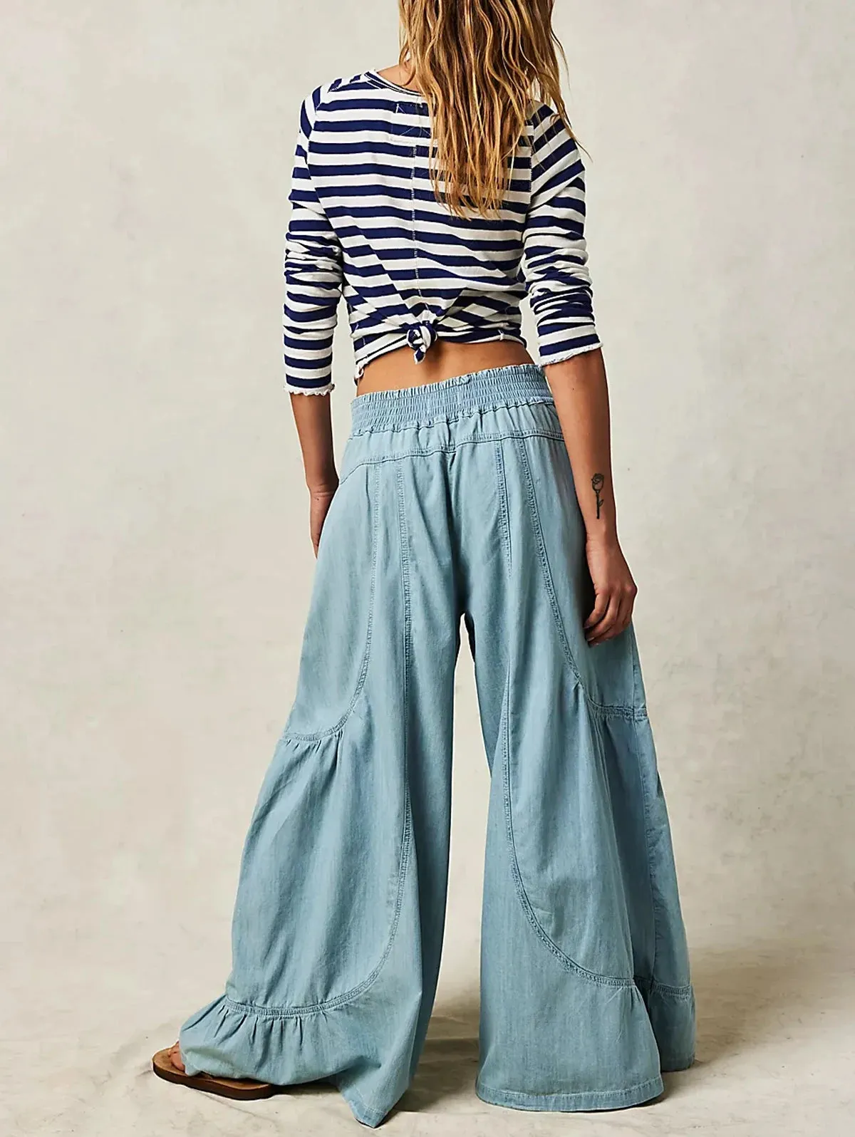 Wide Leg Patchwork Stretch Denim Pants