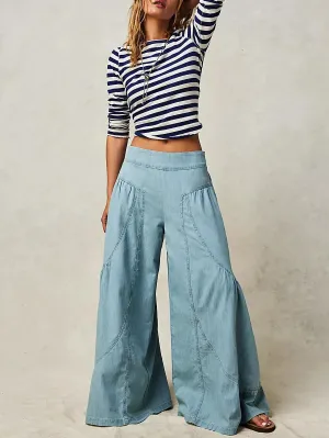 Wide Leg Patchwork Stretch Denim Pants