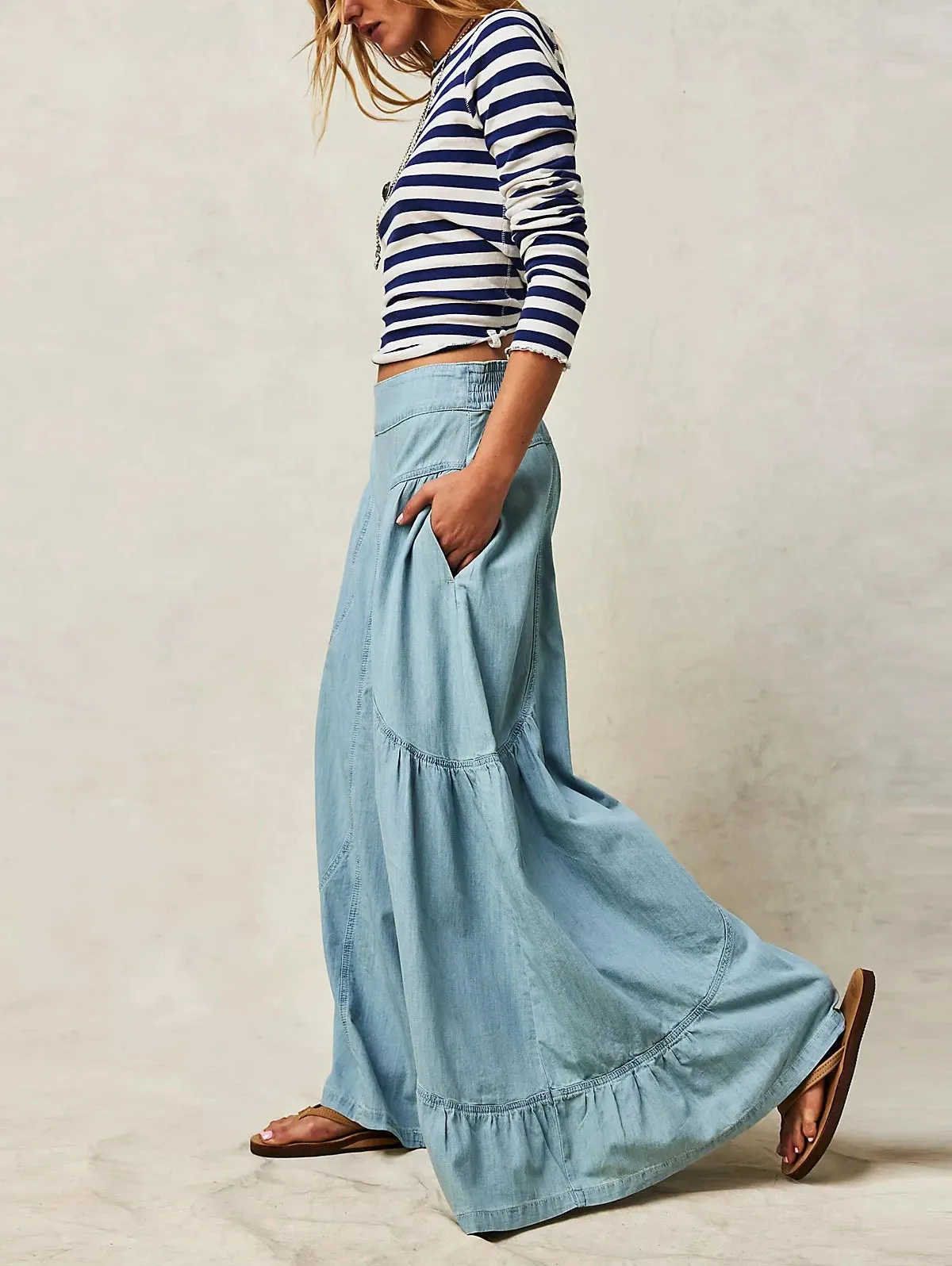 Wide Leg Patchwork Stretch Denim Pants