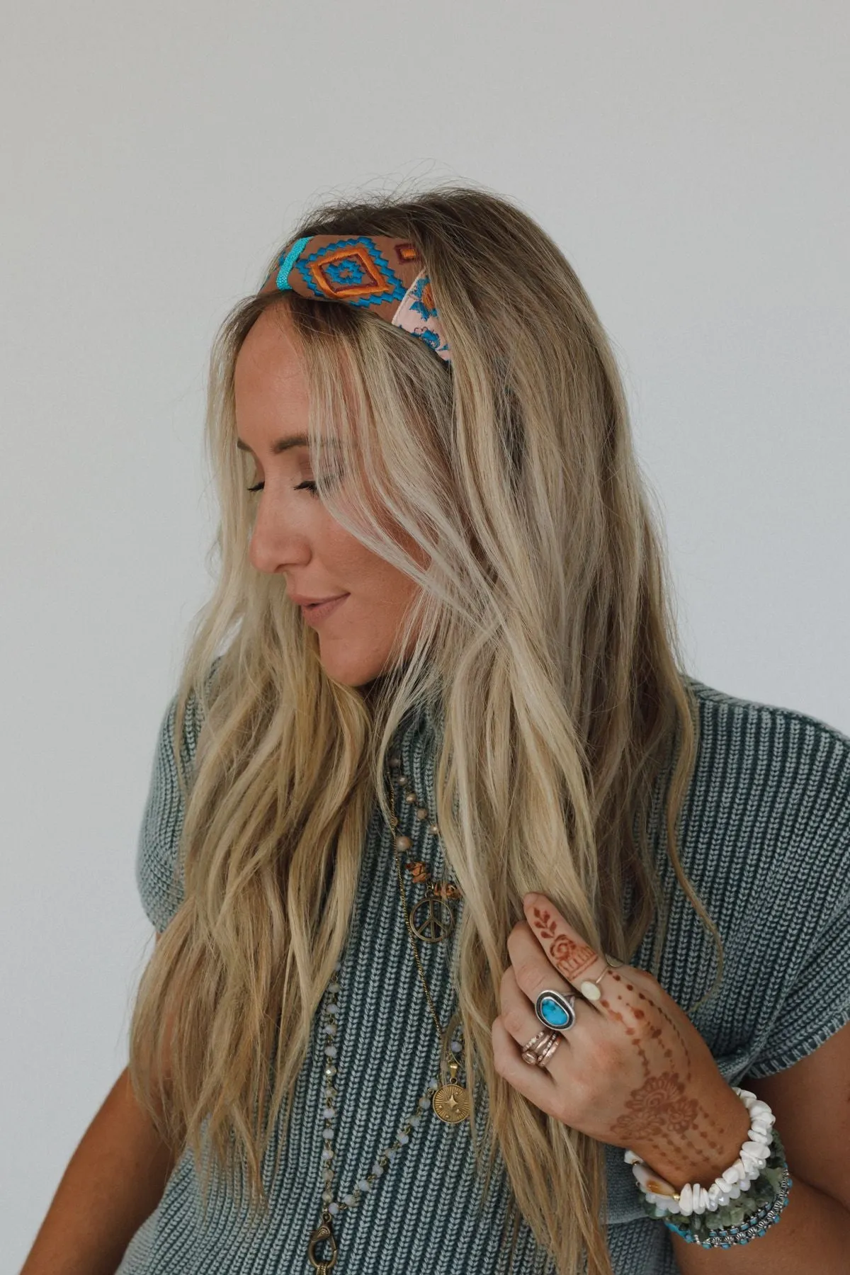 Wild West Charm Beaded Embroidered Headband - Camel