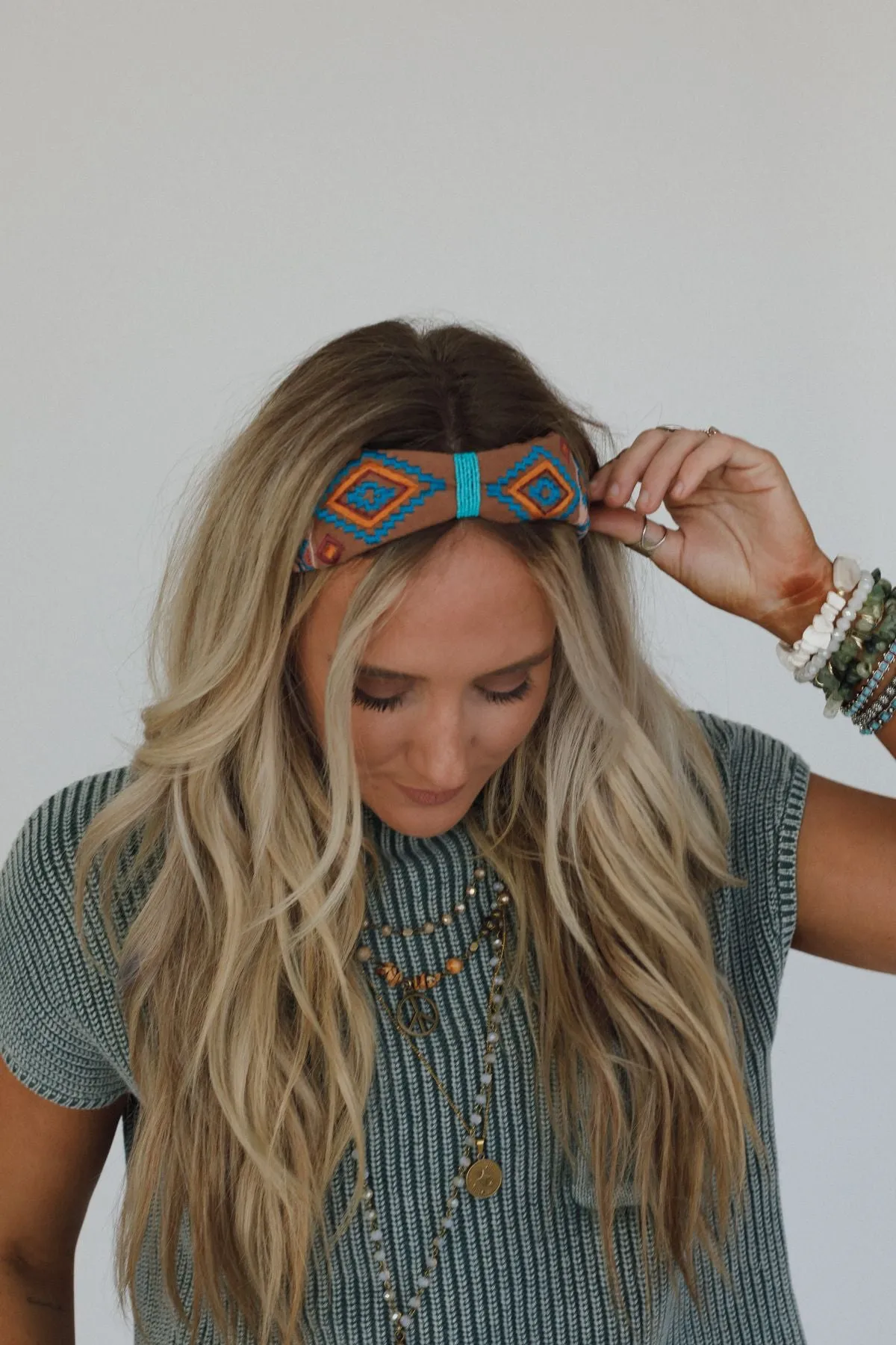 Wild West Charm Beaded Embroidered Headband - Camel