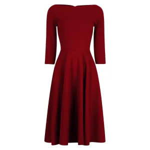 Wine Red 3/4 Sleeve Boat Neck Audrey Hepburn Style 50s Swing Dress