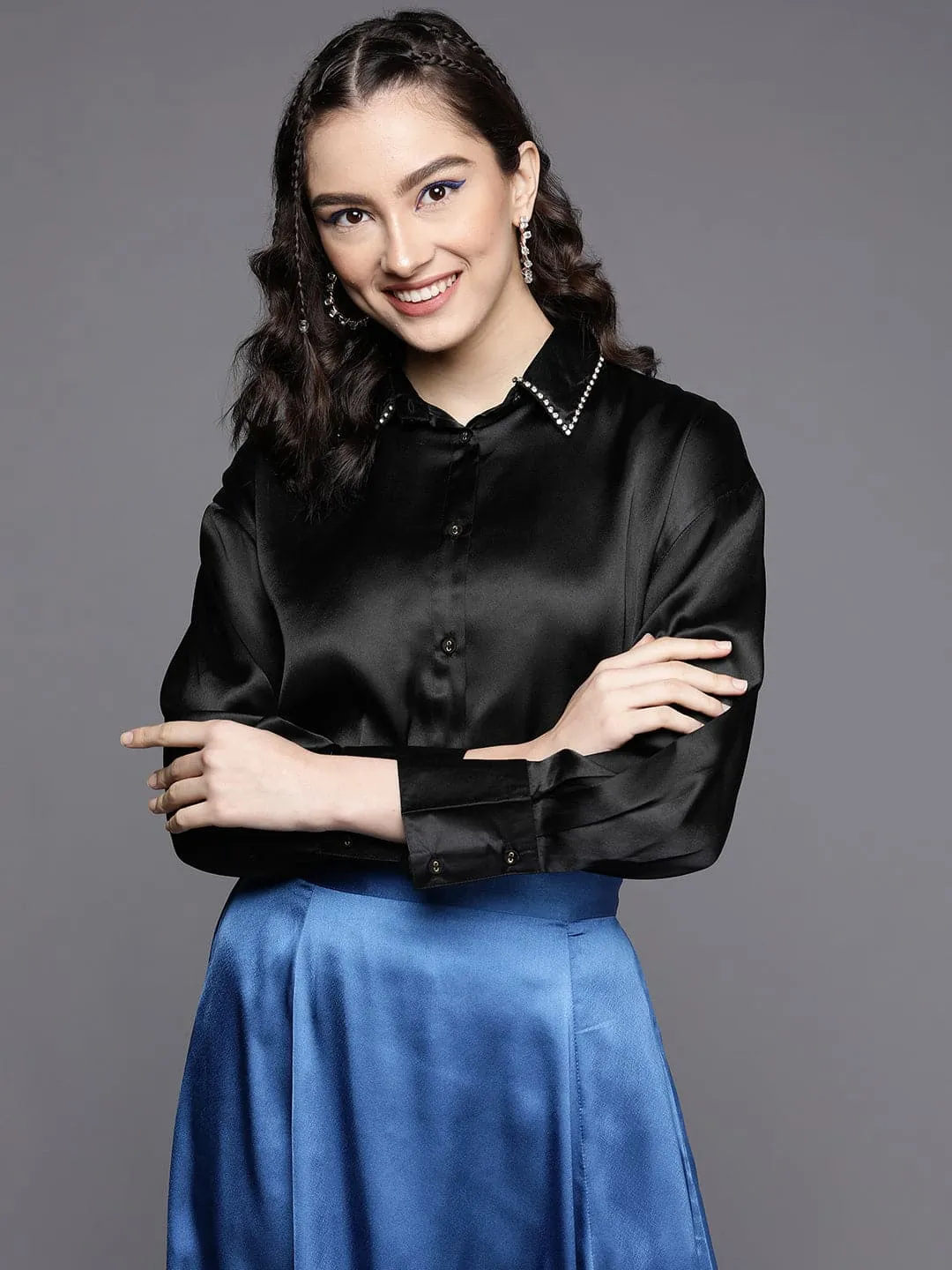 Women Black Satin Longline Shirt