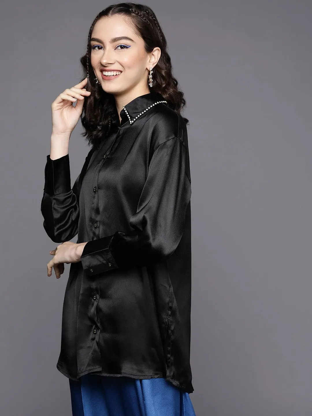 Women Black Satin Longline Shirt