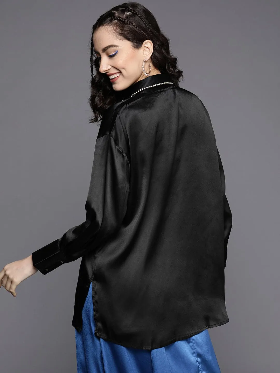 Women Black Satin Longline Shirt