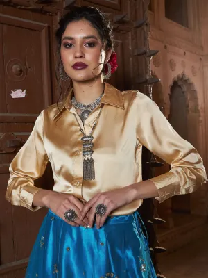 Women Gold Satin Regular Shirt
