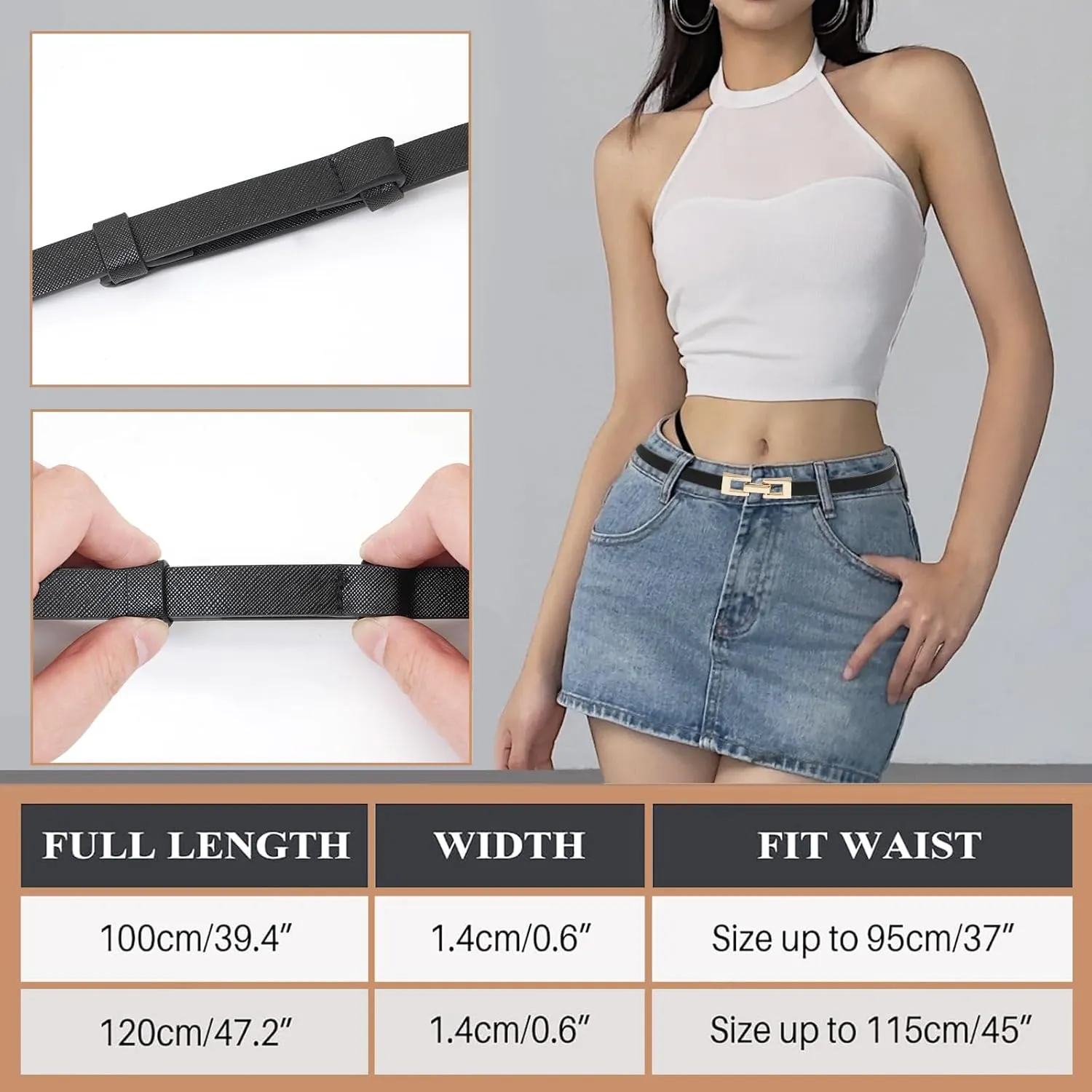 Women PU Leather Belts Skinny Thin Waist Belt with Gold Buckle for Dresses