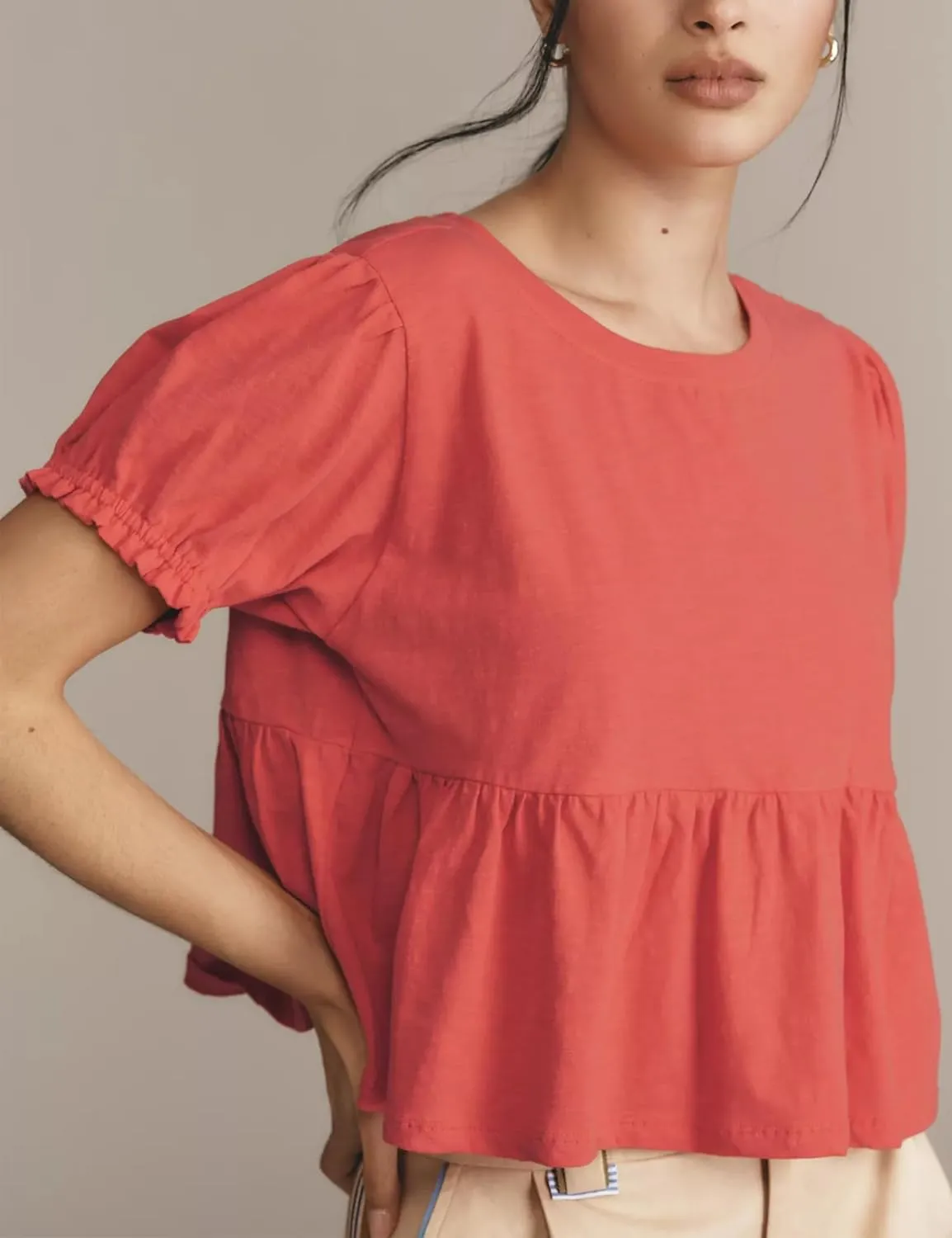 Women Puff Short Sleeve Tee Shirt Summer Casual Loose Fit Crew Neck Swing Crop Tops Shirt Blouse