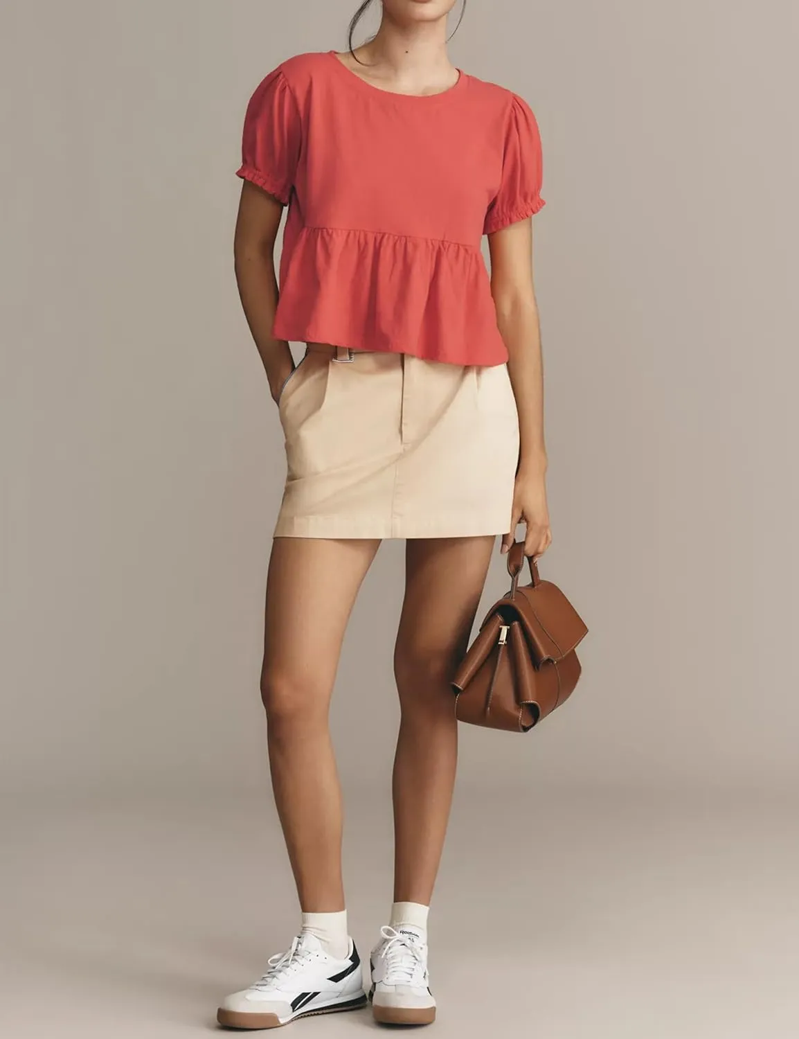 Women Puff Short Sleeve Tee Shirt Summer Casual Loose Fit Crew Neck Swing Crop Tops Shirt Blouse
