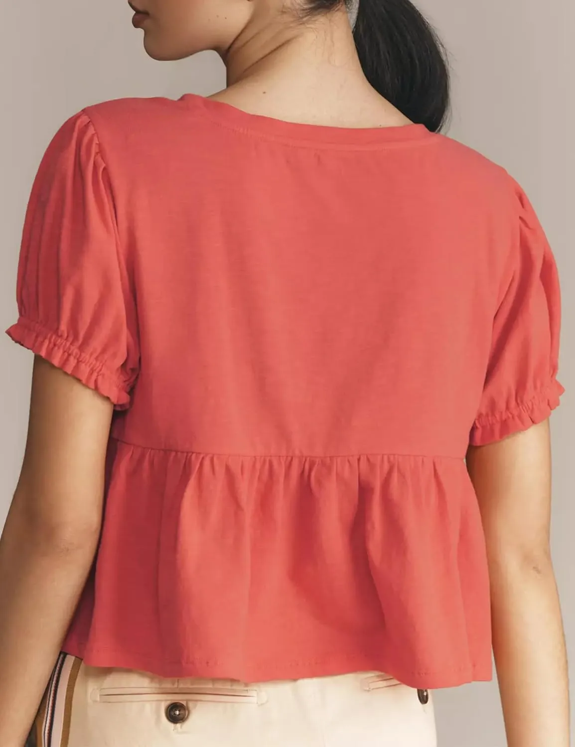 Women Puff Short Sleeve Tee Shirt Summer Casual Loose Fit Crew Neck Swing Crop Tops Shirt Blouse