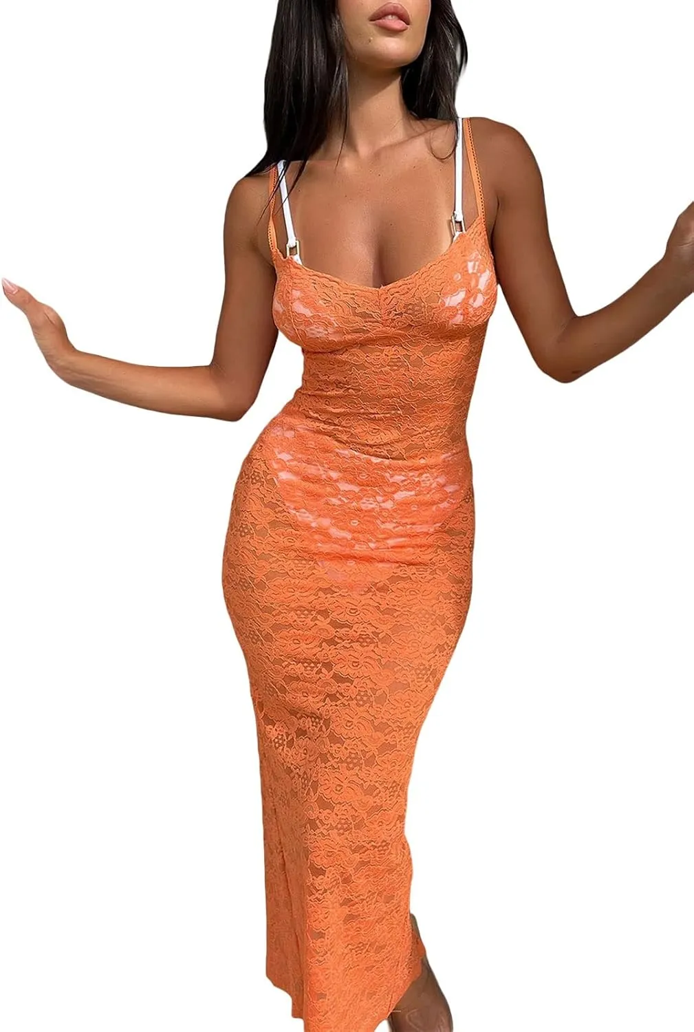 Women Sexy Lace Floral Fitted Dress Sleeveless Spaghetti Strap See Through Maxi Dress Cocktail Evening Party Dress