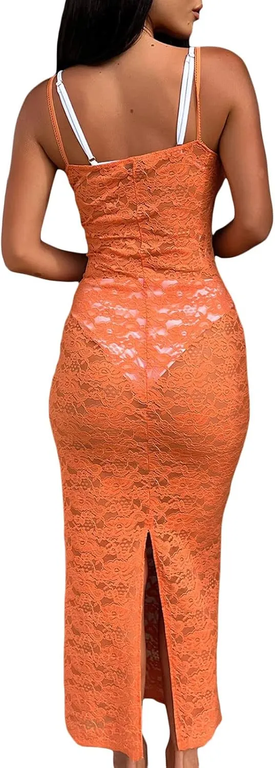 Women Sexy Lace Floral Fitted Dress Sleeveless Spaghetti Strap See Through Maxi Dress Cocktail Evening Party Dress