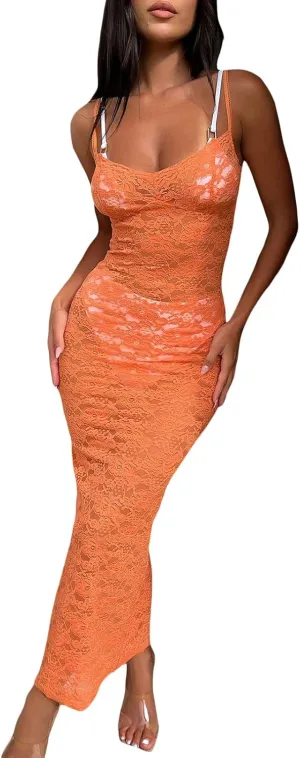 Women Sexy Lace Floral Fitted Dress Sleeveless Spaghetti Strap See Through Maxi Dress Cocktail Evening Party Dress