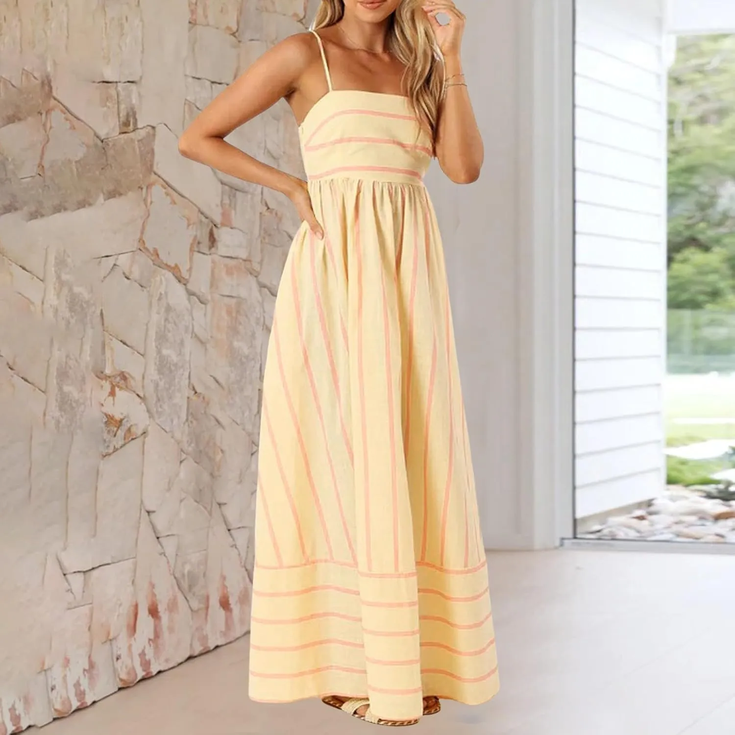 Women Summer Striped Maxi Dresses Spaghetti Strap Cutout Ruffle Long Dress Flowy Swing Beach Vocation Sundress