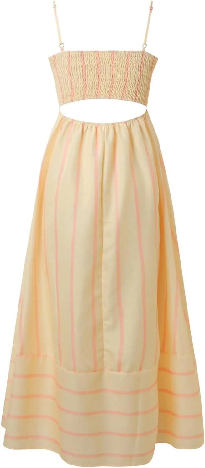 Women Summer Striped Maxi Dresses Spaghetti Strap Cutout Ruffle Long Dress Flowy Swing Beach Vocation Sundress
