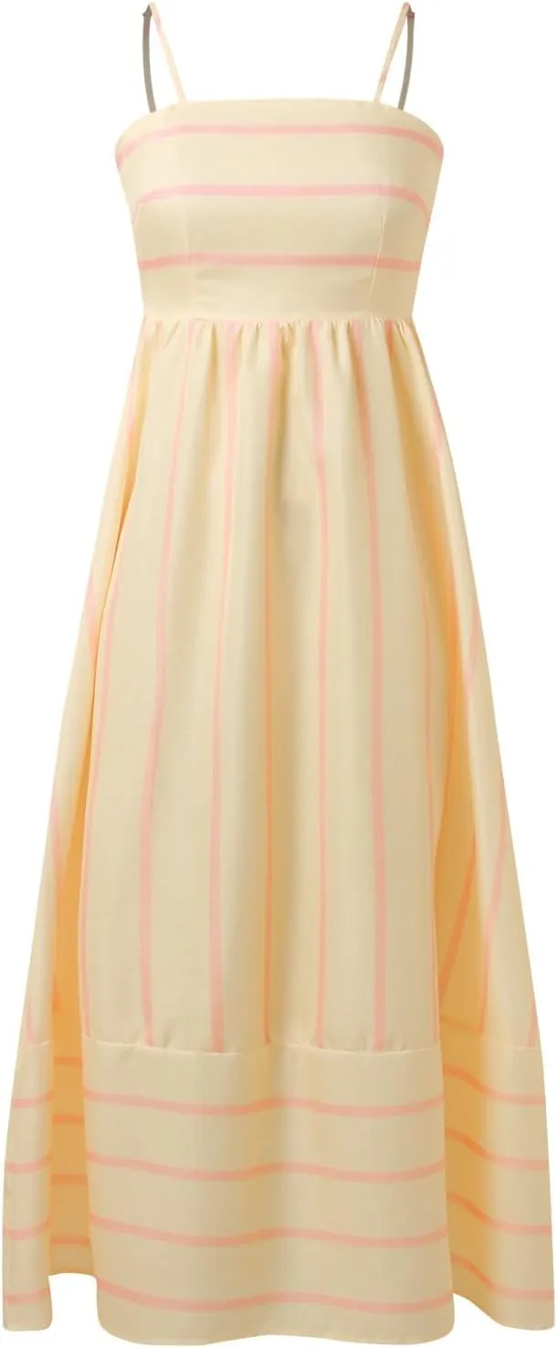 Women Summer Striped Maxi Dresses Spaghetti Strap Cutout Ruffle Long Dress Flowy Swing Beach Vocation Sundress