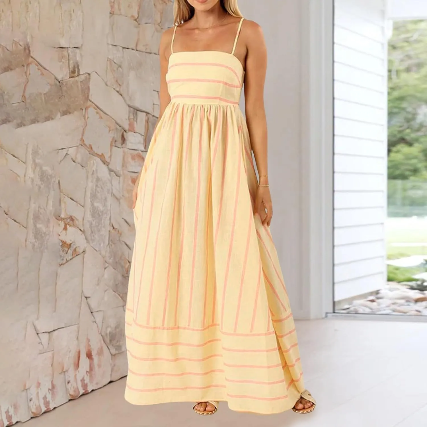 Women Summer Striped Maxi Dresses Spaghetti Strap Cutout Ruffle Long Dress Flowy Swing Beach Vocation Sundress