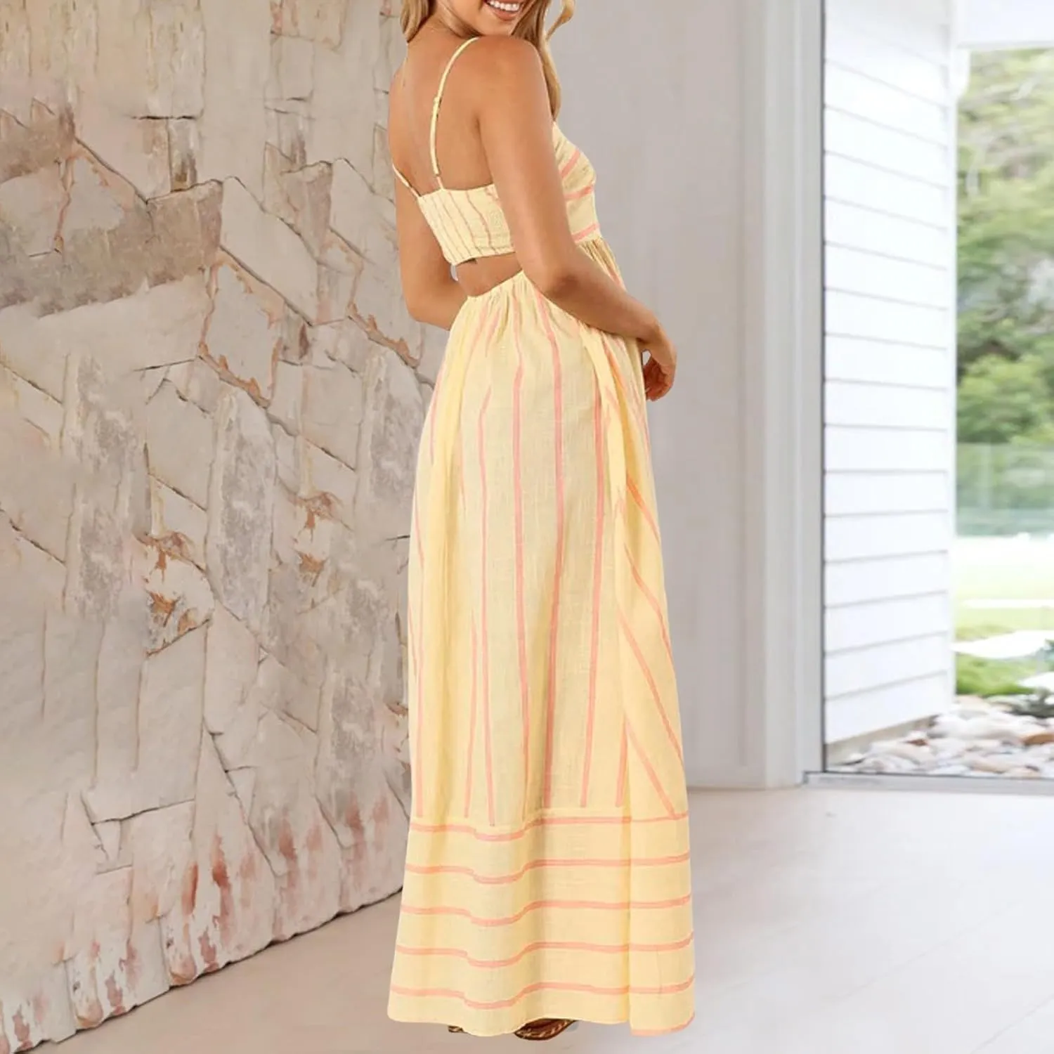 Women Summer Striped Maxi Dresses Spaghetti Strap Cutout Ruffle Long Dress Flowy Swing Beach Vocation Sundress