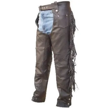 Women's Black Buffalo Leather Motorcycle Chaps with Fringes
