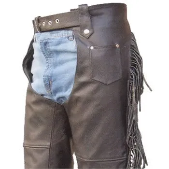 Women's Black Buffalo Leather Motorcycle Chaps with Fringes