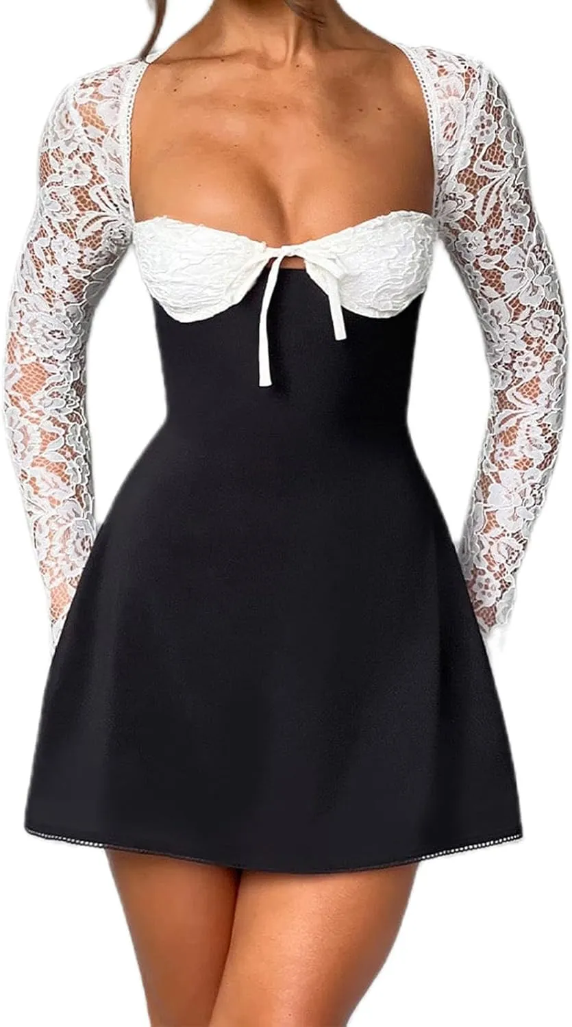 Women's Elegant Bodycon Dress Lace Patchwork Long Sleeve Low Cut Mini Dress Backless Tie-up Short Dress