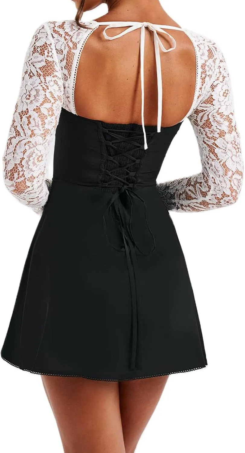 Women's Elegant Bodycon Dress Lace Patchwork Long Sleeve Low Cut Mini Dress Backless Tie-up Short Dress
