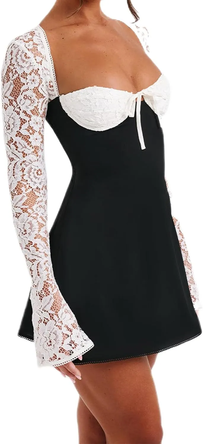 Women's Elegant Bodycon Dress Lace Patchwork Long Sleeve Low Cut Mini Dress Backless Tie-up Short Dress