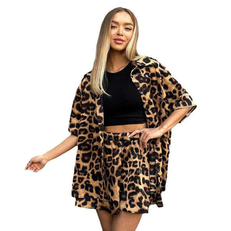 Women's Leopard Print Summer Shorts Two-Piece Set, Short Sleeve Lining