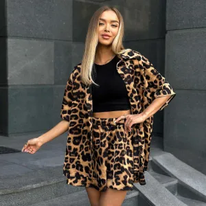Women's Leopard Print Summer Shorts Two-Piece Set, Short Sleeve Lining