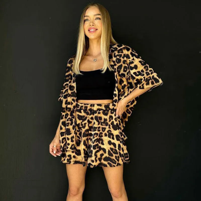 Women's Leopard Print Summer Shorts Two-Piece Set, Short Sleeve Lining