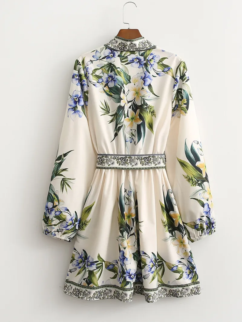 Women's Modern Printed Flower Waist Belt Shirt Dress