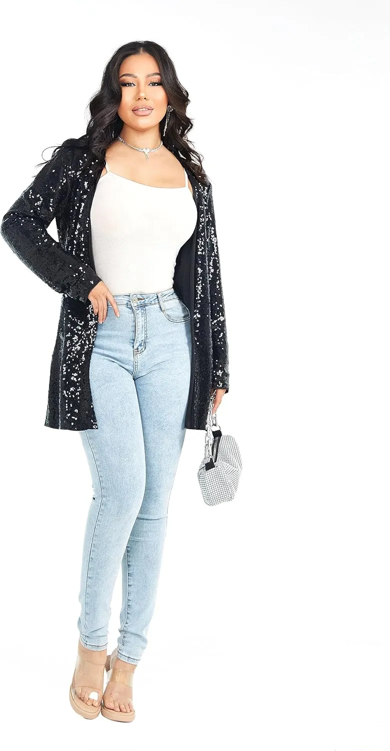 Women's Sequin Jacket Long Sleeve Open Front Blazer Glitter Sparkly Coat Party Casual Cardigan
