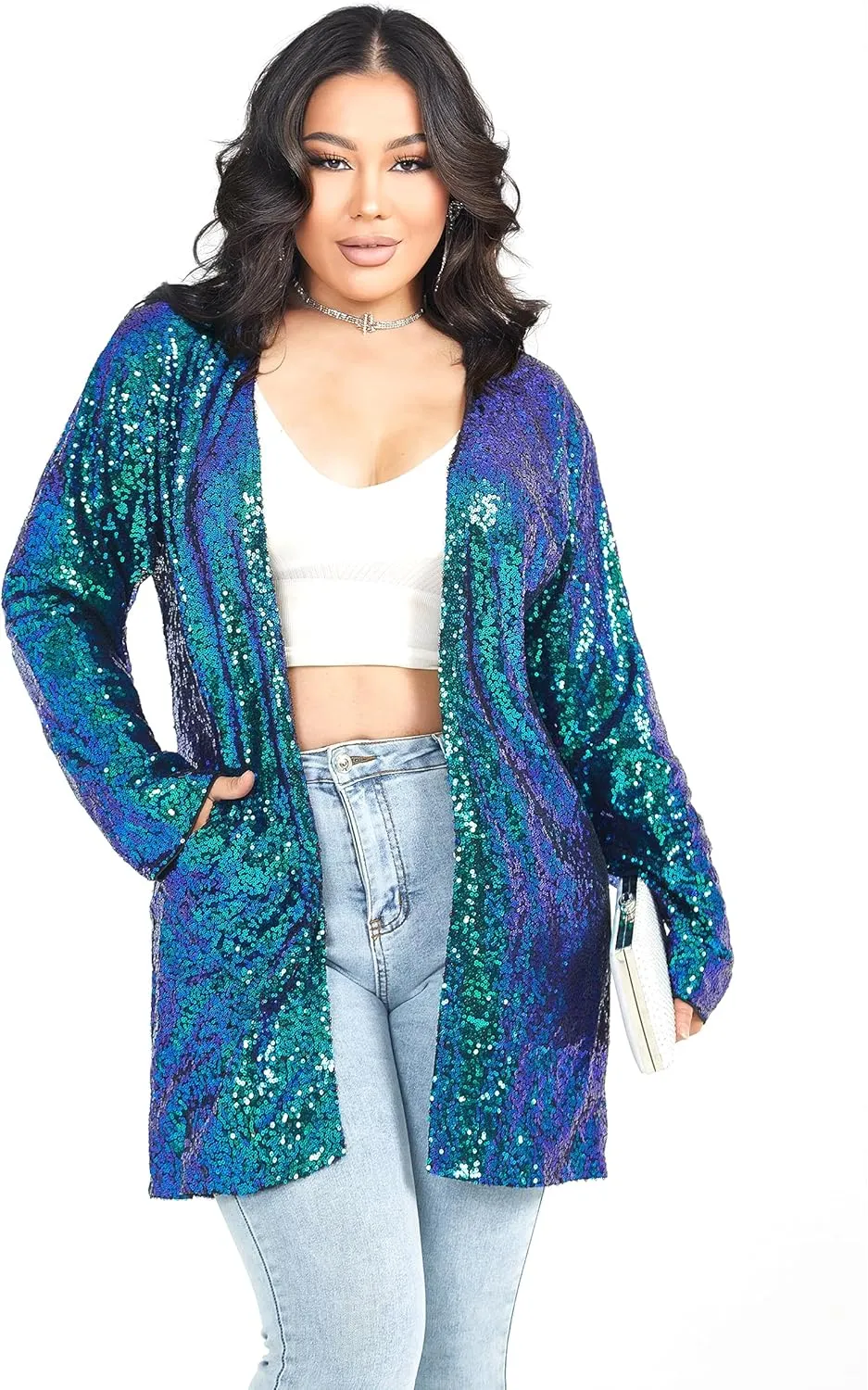 Women's Sequin Jacket Long Sleeve Open Front Blazer Glitter Sparkly Coat Party Casual Cardigan