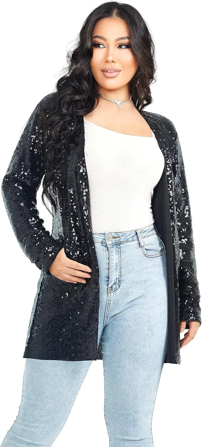 Women's Sequin Jacket Long Sleeve Open Front Blazer Glitter Sparkly Coat Party Casual Cardigan