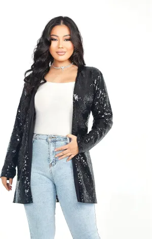 Women's Sequin Jacket Long Sleeve Open Front Blazer Glitter Sparkly Coat Party Casual Cardigan