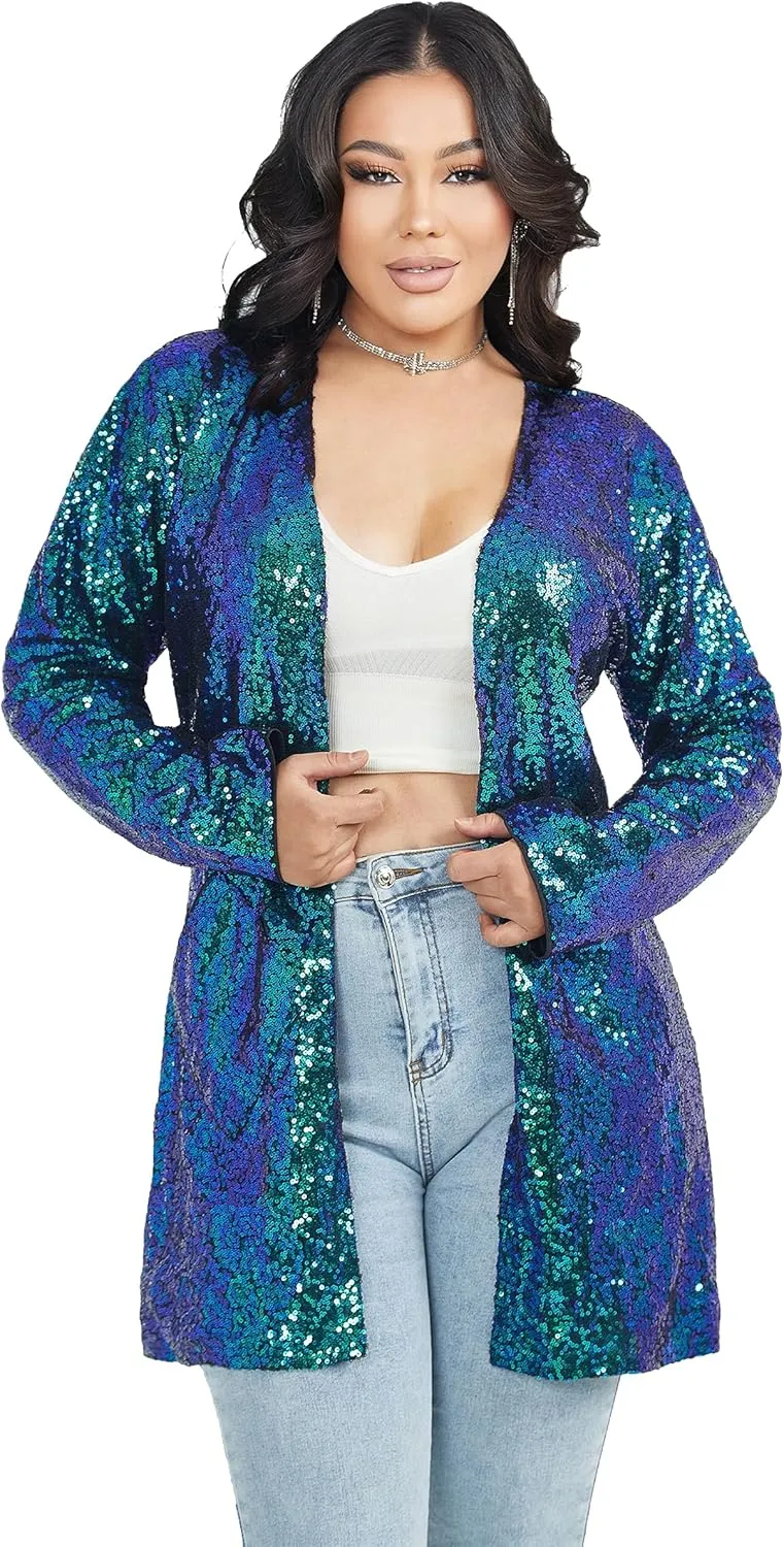 Women's Sequin Jacket Long Sleeve Open Front Blazer Glitter Sparkly Coat Party Casual Cardigan