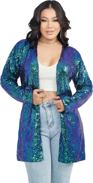 Women's Sequin Jacket Long Sleeve Open Front Blazer Glitter Sparkly Coat Party Casual Cardigan
