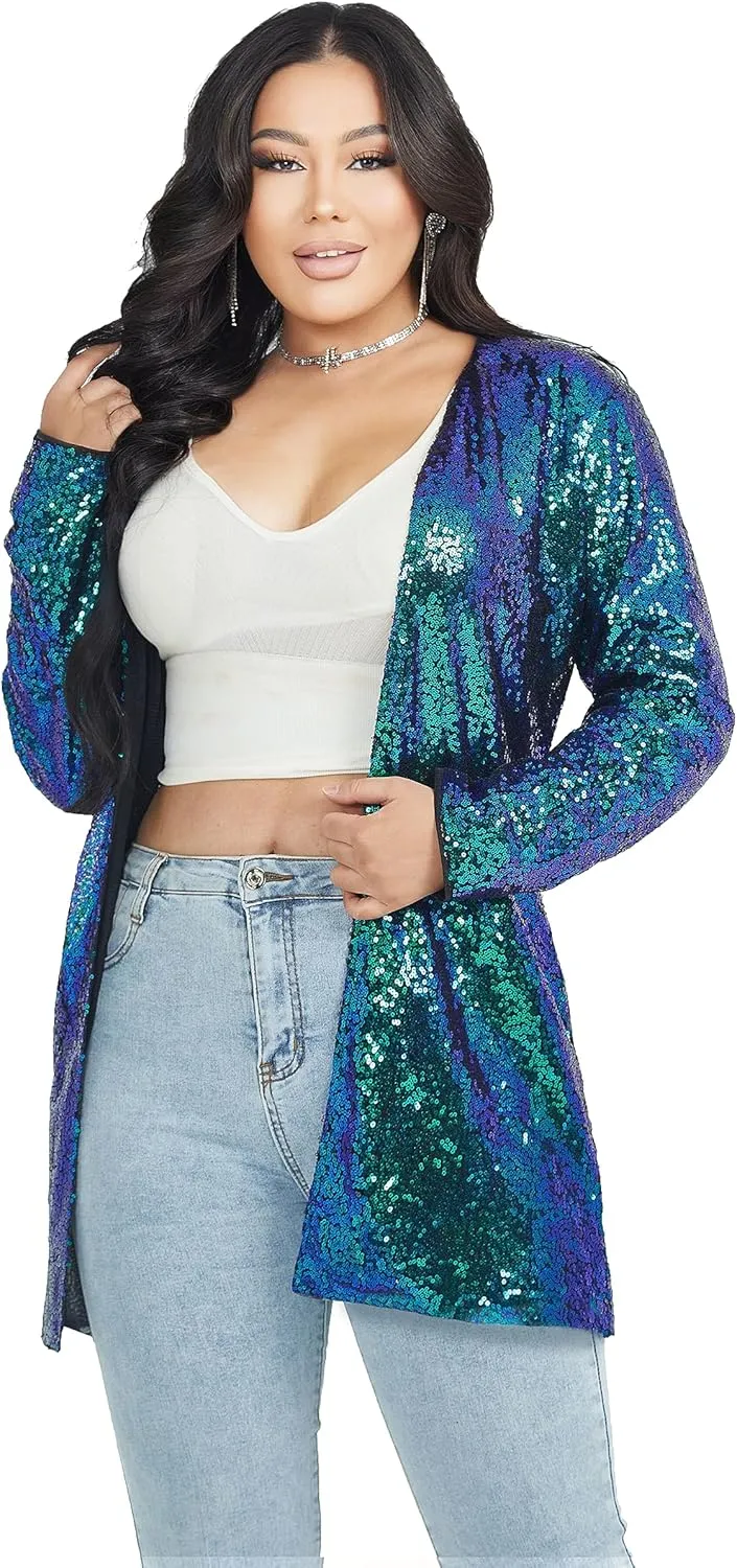 Women's Sequin Jacket Long Sleeve Open Front Blazer Glitter Sparkly Coat Party Casual Cardigan