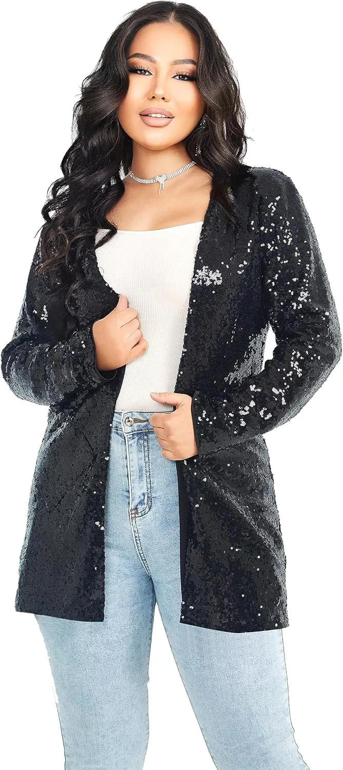 Women's Sequin Jacket Long Sleeve Open Front Blazer Glitter Sparkly Coat Party Casual Cardigan
