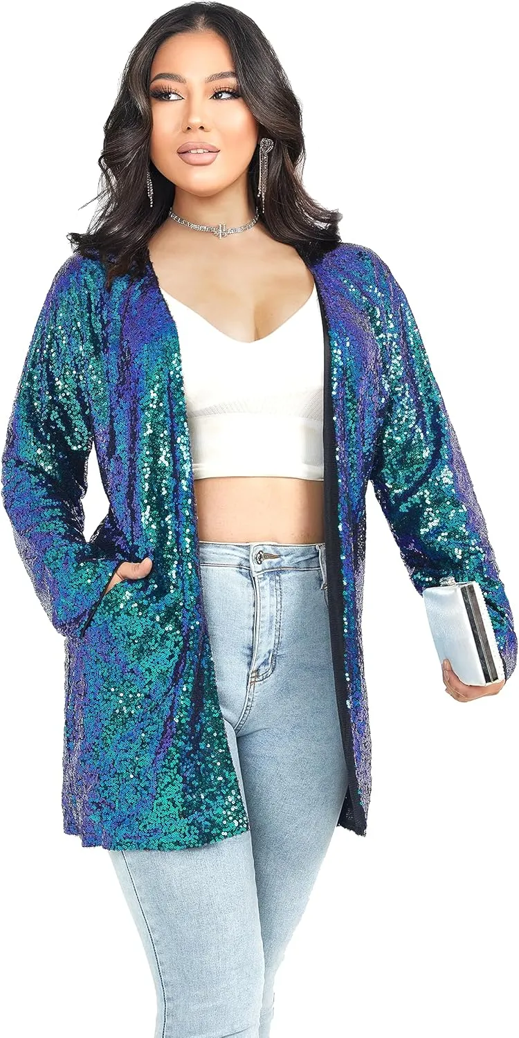Women's Sequin Jacket Long Sleeve Open Front Blazer Glitter Sparkly Coat Party Casual Cardigan
