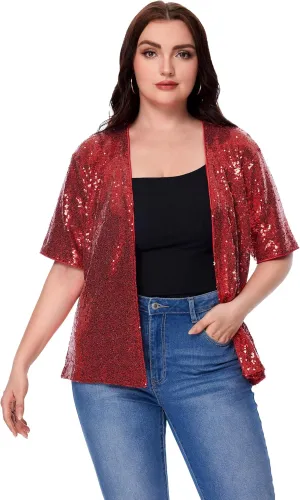 Women's Sequin Jacket Sparkly Cardigan Short Sleeve Open Front Blazer Loose Casual Party Blouse Tops
